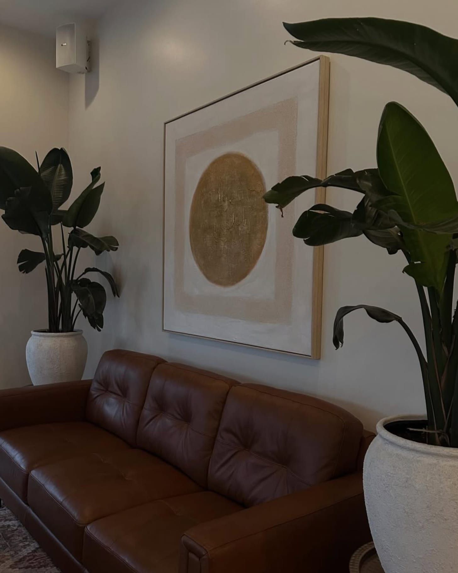 The welcome lounge at Alora Salon & Wellness Spa in Robinson Township, with a tan leather sofa, tall plants and warm art