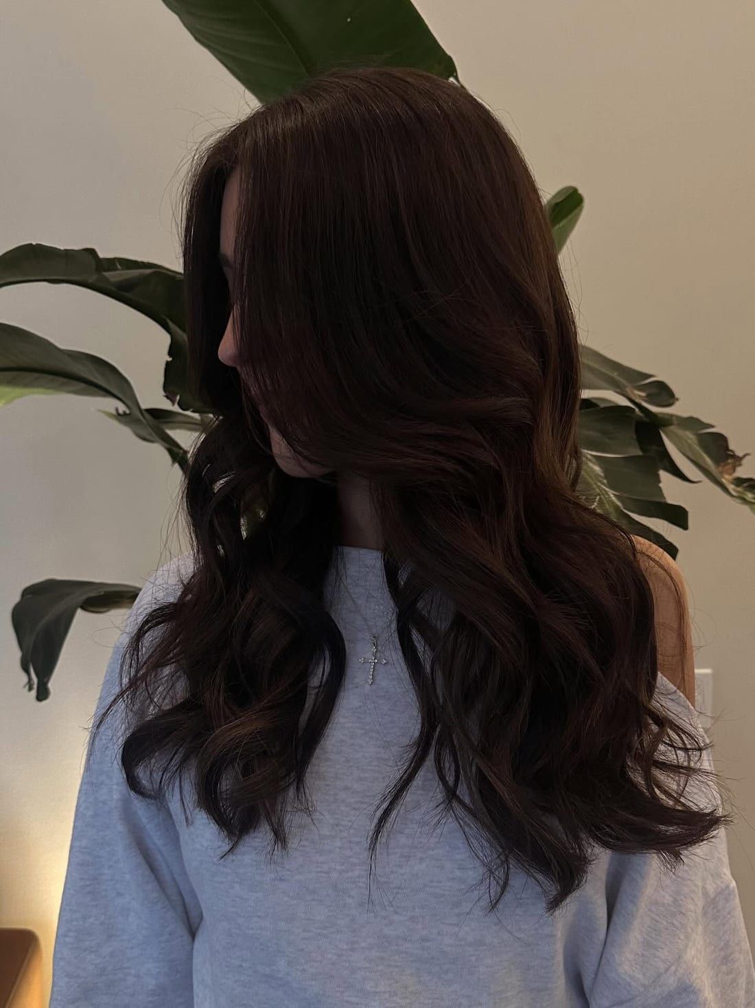 Rich chocolate brunette with a soft blow-dry wave, colored at Alora Salon in Pittsburgh